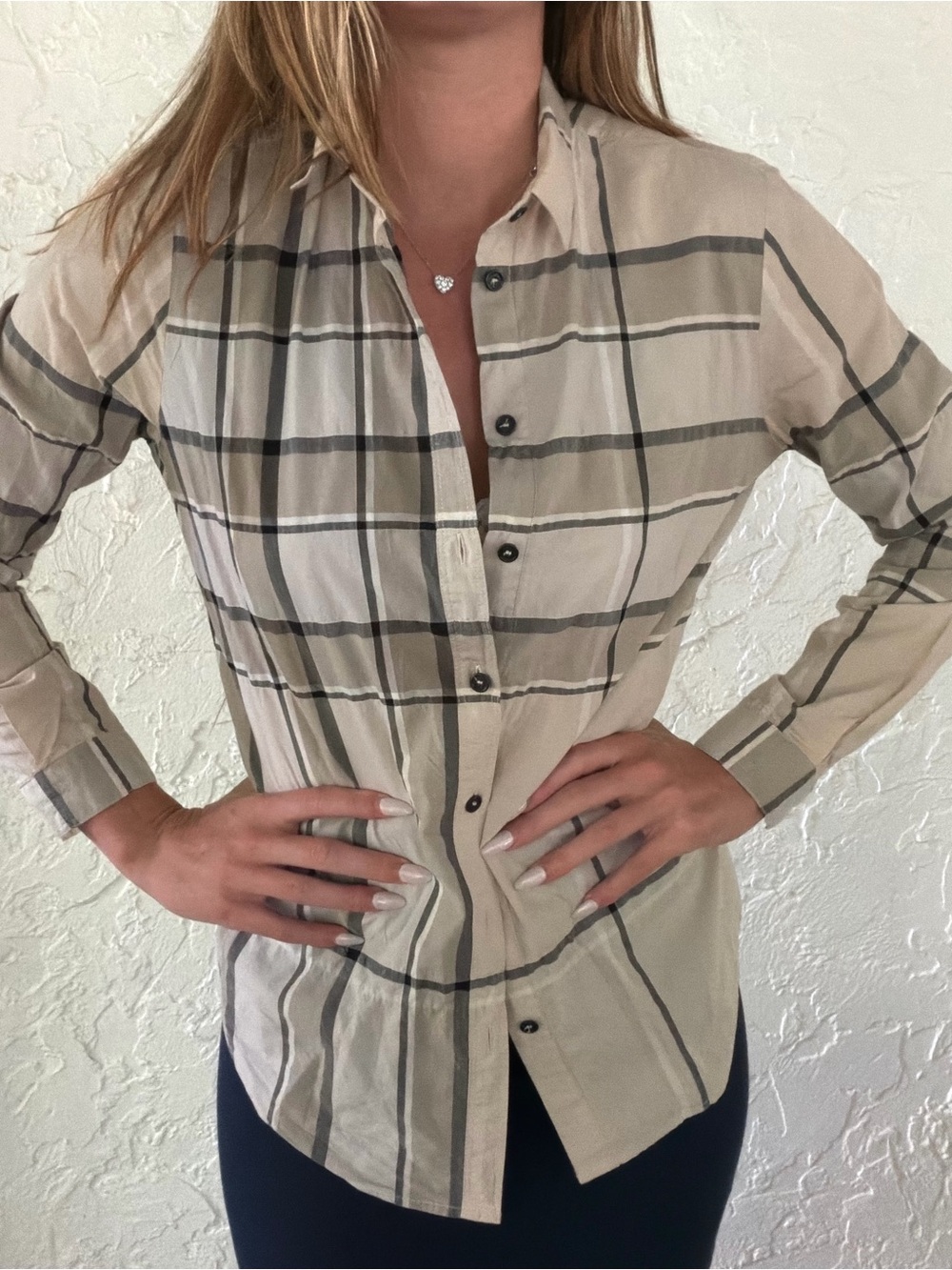 Burberry Brit Beige and Black Plaid Button-Down Shirt